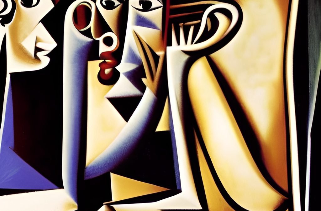 picasso type picture with one person trying to hear what other is saying