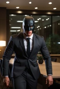 business man dressed up as thief in boardroom