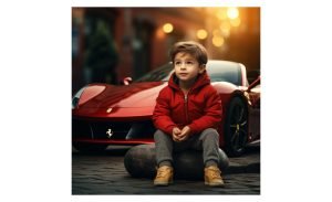 boy sitting in front of a ferrari