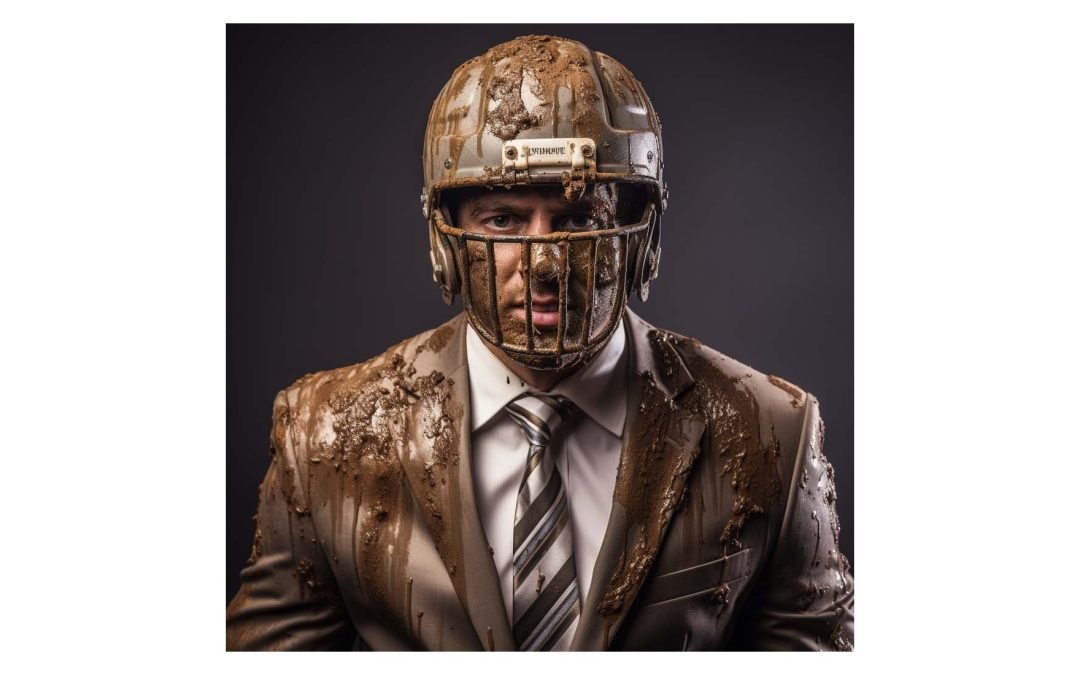 business man with helmet and covered in mud...