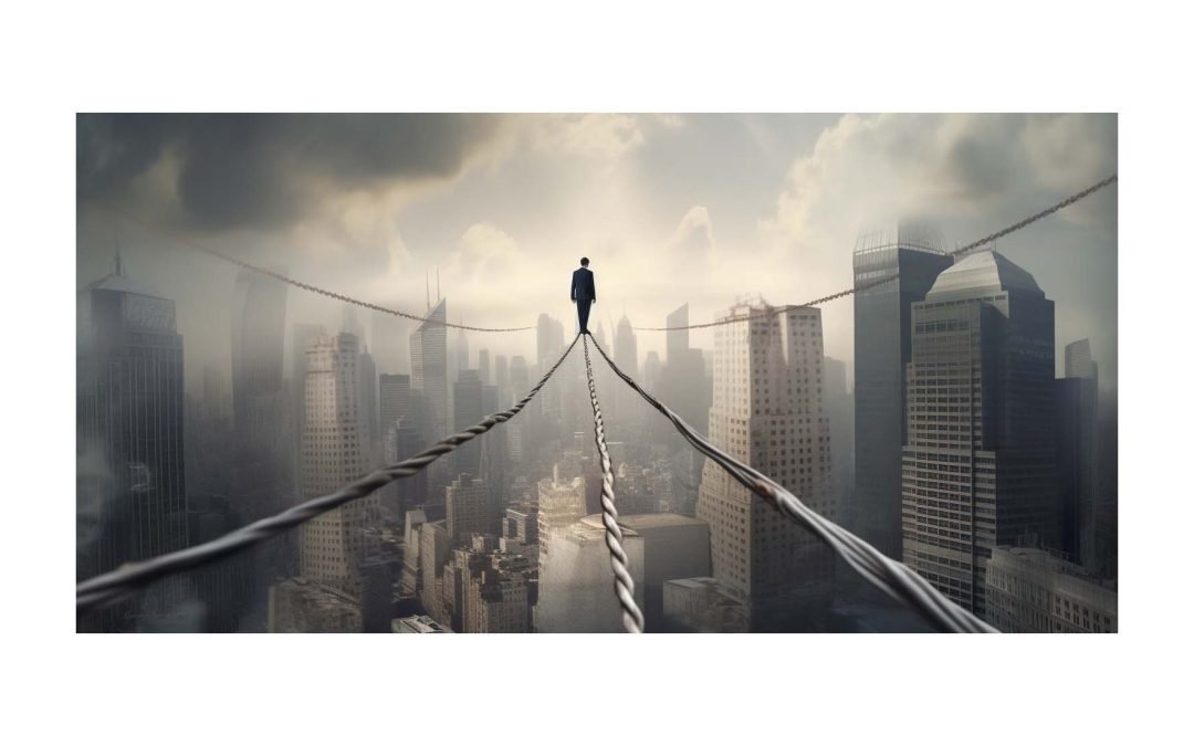 business man walking a tightrope over a city