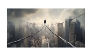 business man walking a tightrope over a city