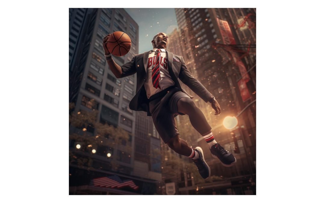 Michael Jordan dunking the ball in a business suit