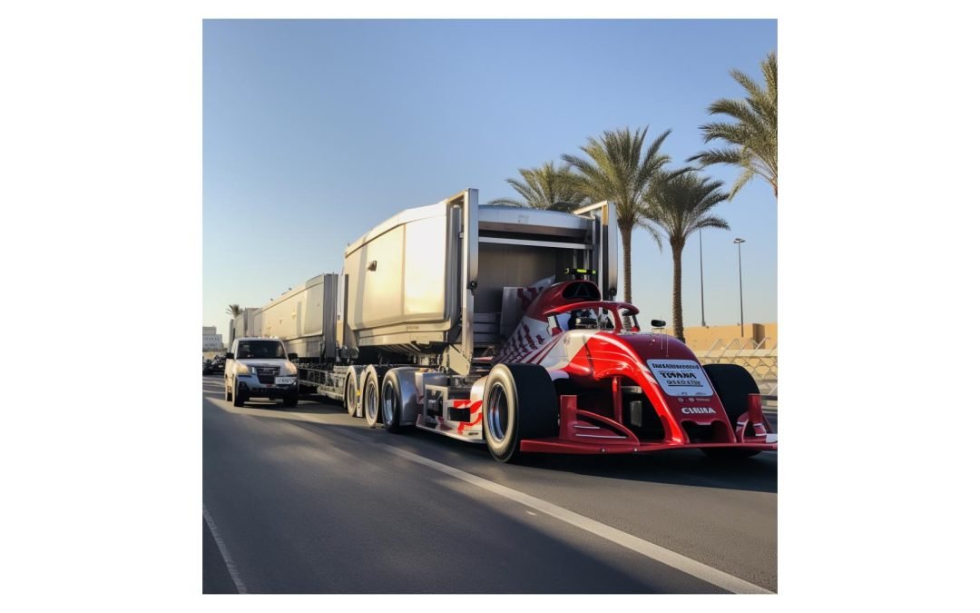 F1 race car hauling a heavy industrial refrigerator