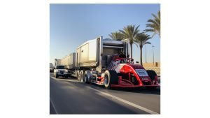 F1 race car hauling a heavy industrial refrigerator