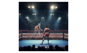 Boxer facing Bambi in the ring who wants to climb the ropes and run away