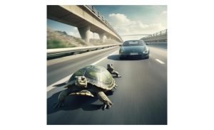 Turtle walking down the road with a car behind it