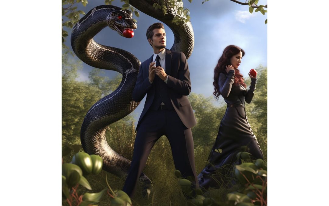 Modern dressed Eve and the Serpent in the Garden of Eden