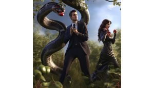 Modern dressed Eve and the Serpent in the Garden of Eden