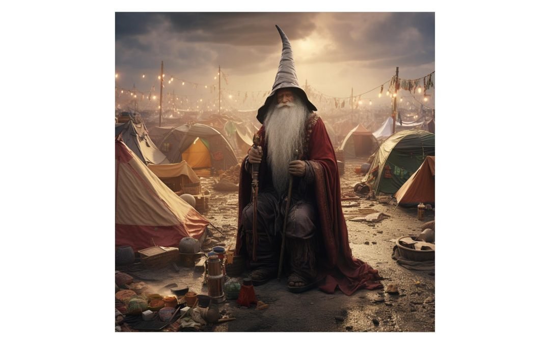 wizard wearing a dunce cap in a homeless tent city