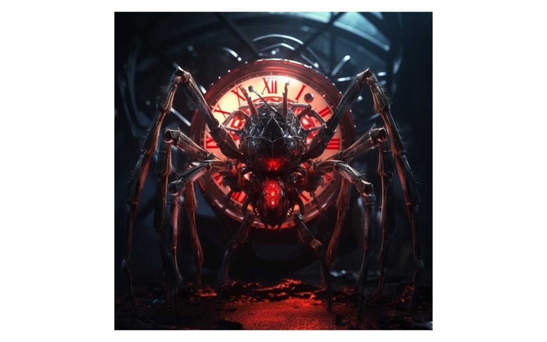 Spider with a clock as a body showing the time wasting spiders laying waste to entrepreneurs