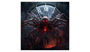 spider with red eyes and a clock behind it.