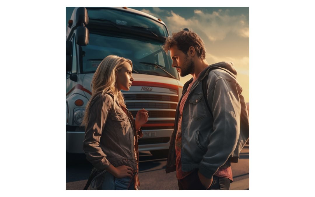 Couple standing in front of a moving bus