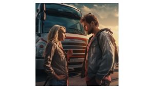 Couple standing in front of a moving bus