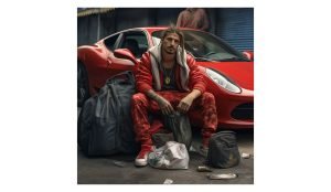 homeless guy in front of ferrari trying to sell it