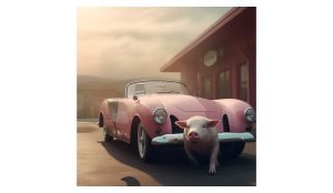 Pig selling a pink vintage car