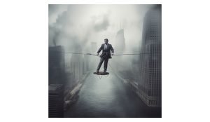 man on tightrope showing if he sells short will fall