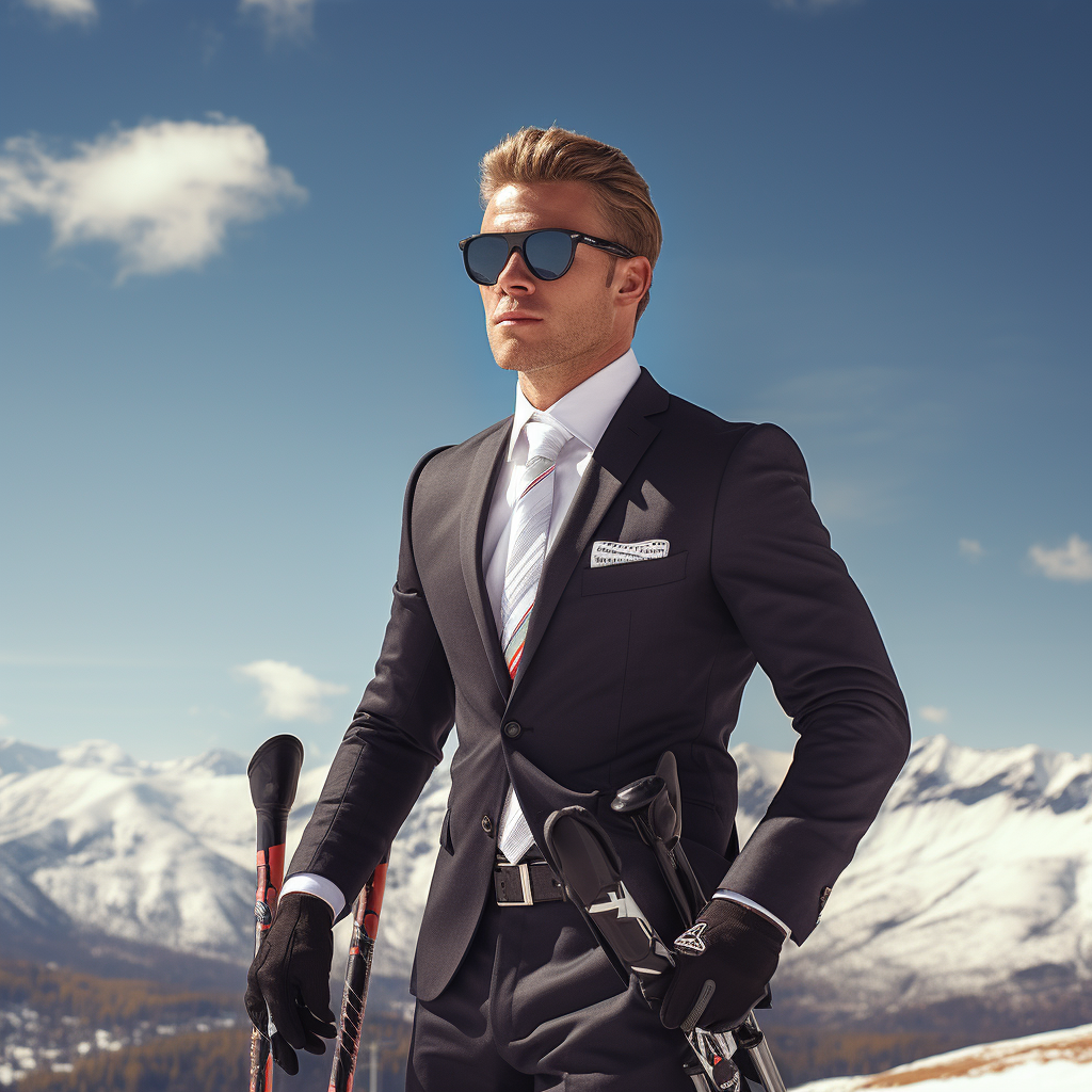 man in 3 piece suit with skis but no snow