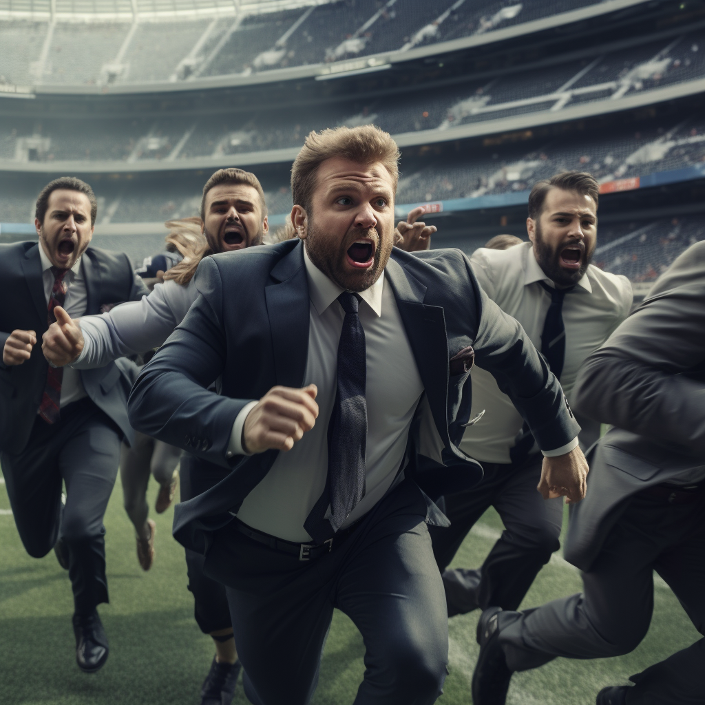 business men in suits rushing the Quarterback in NFL field