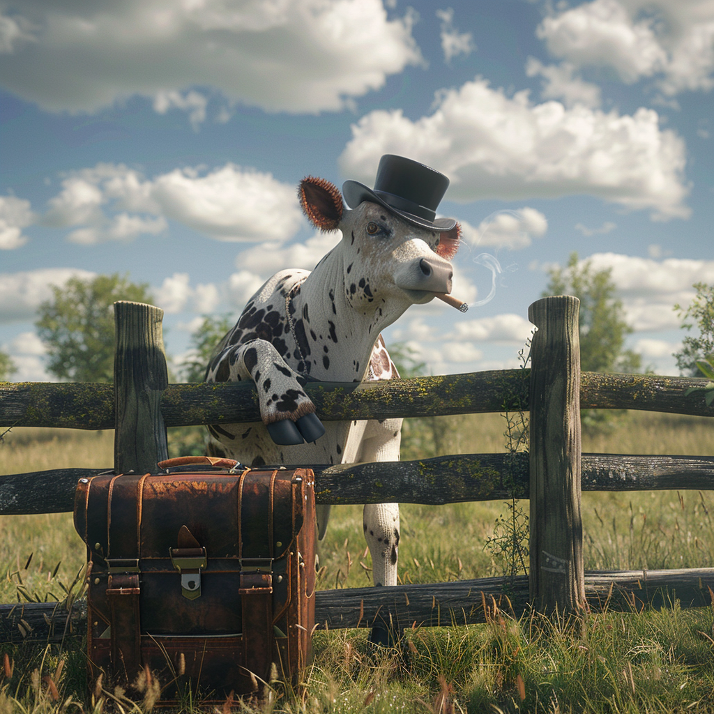 cow smoking a cigar in business attire sitting on a fence