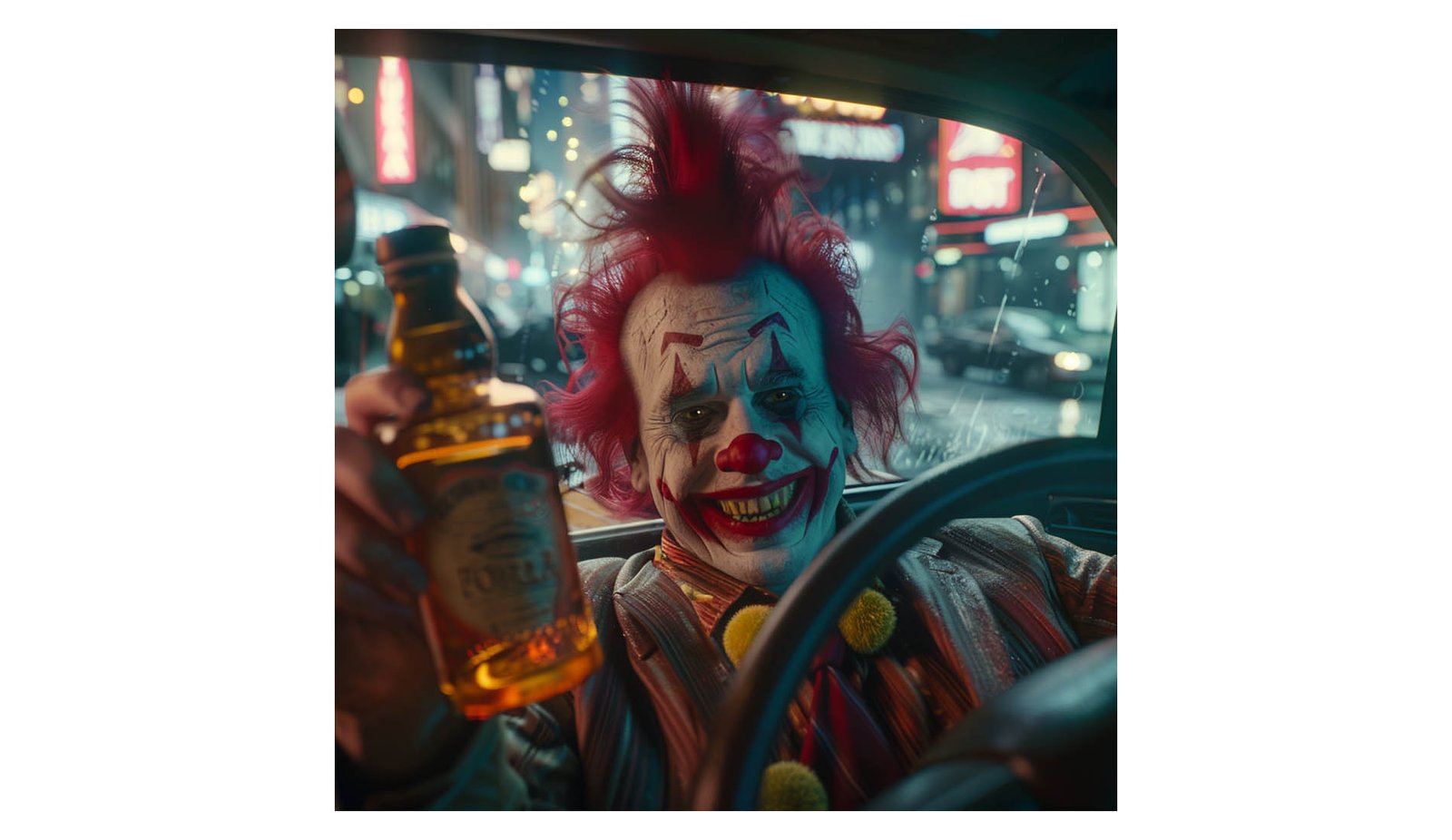 Clown driving a Taxi and holding a bottle of whiskey