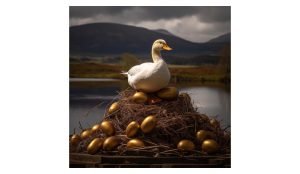 Goose sitting on a pile of golden eggs. The Goose that lays the Golden Eggs