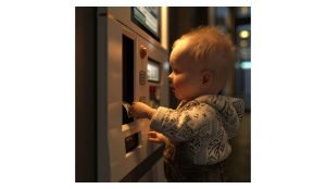 Baby at an ATM machine taking out cash