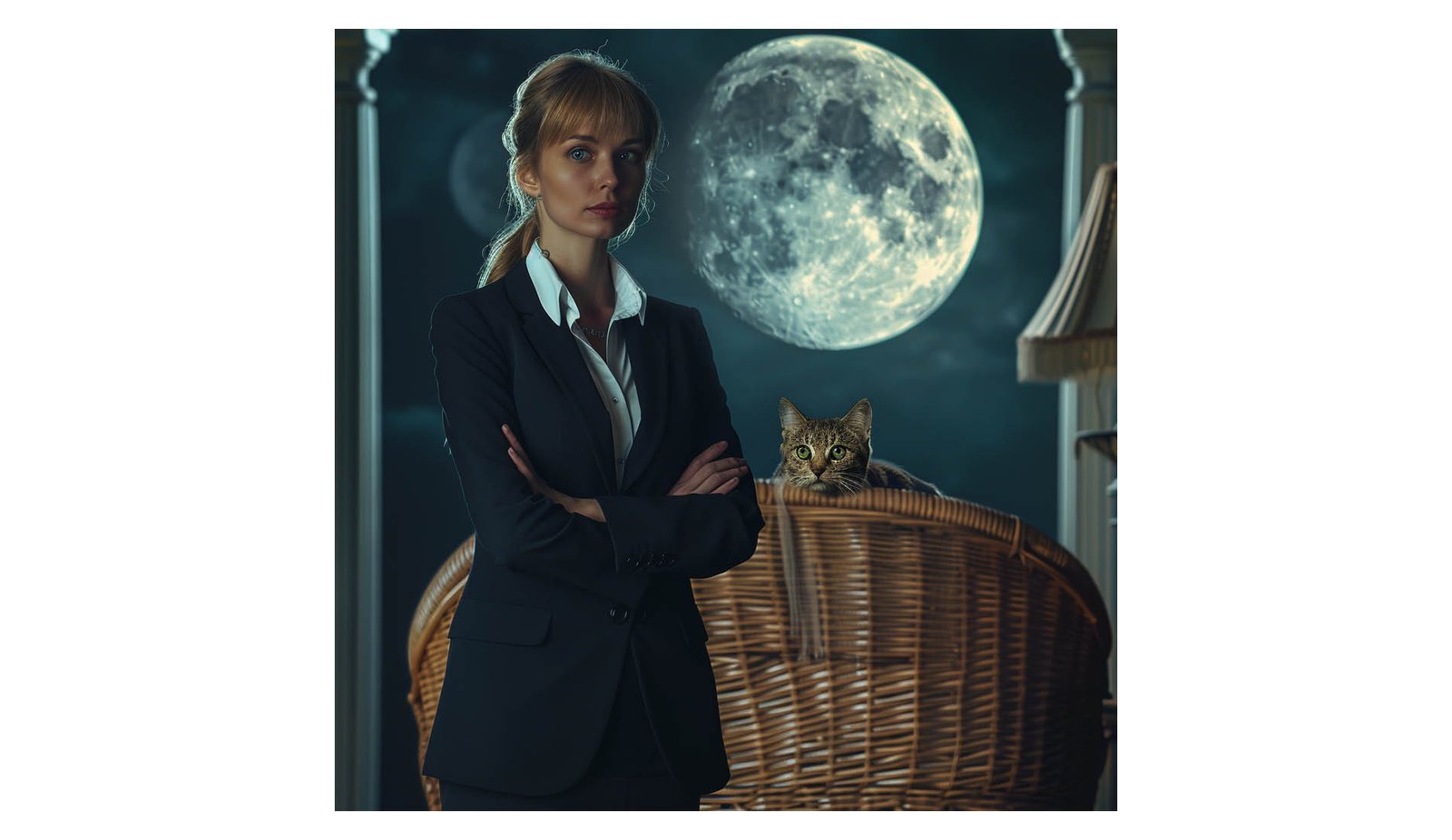 woman wiht a cat and cradle in front of full moon