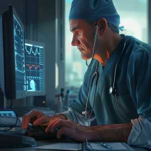 doctor healing his business by typing into computer