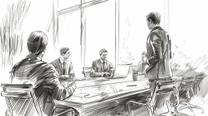 charcoal sketch of a boardroom with large windows and business meeting