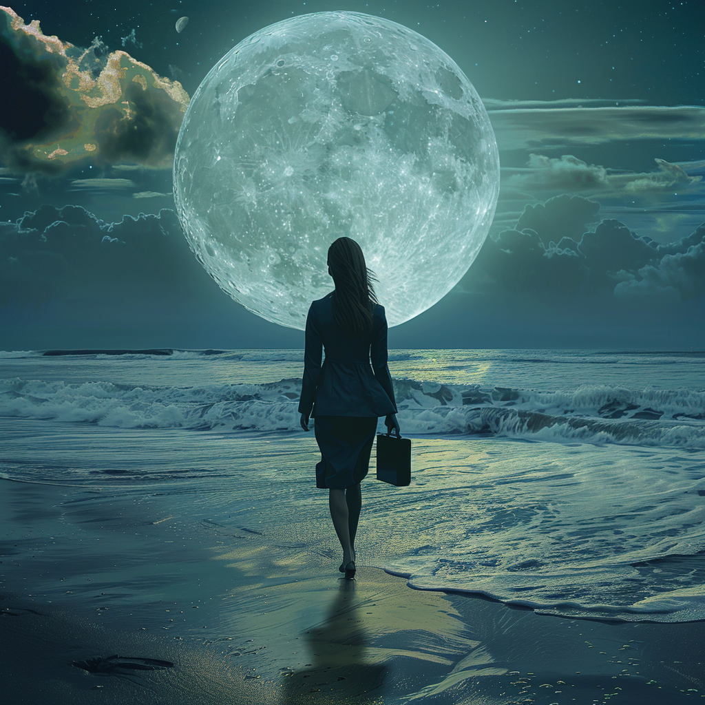 business woman walking on the beach under full moon