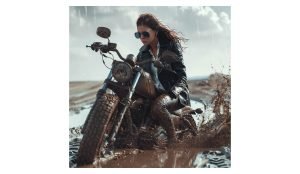 woman stuck in mud on motorbike showing a business stuck