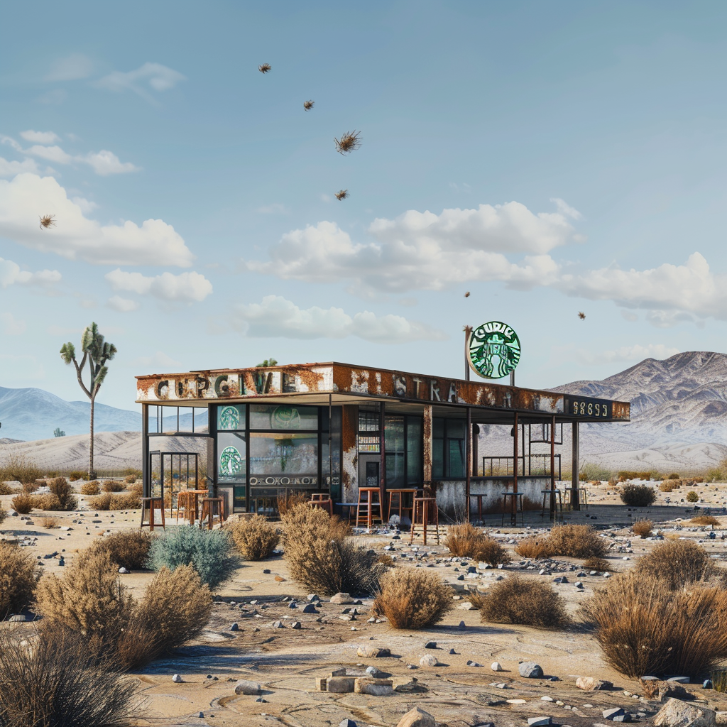 Avandoned starbucks with tumbleweed rolling by