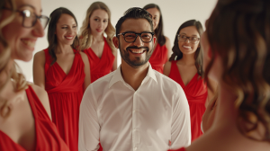 guy in white shirt surrouned by women in red