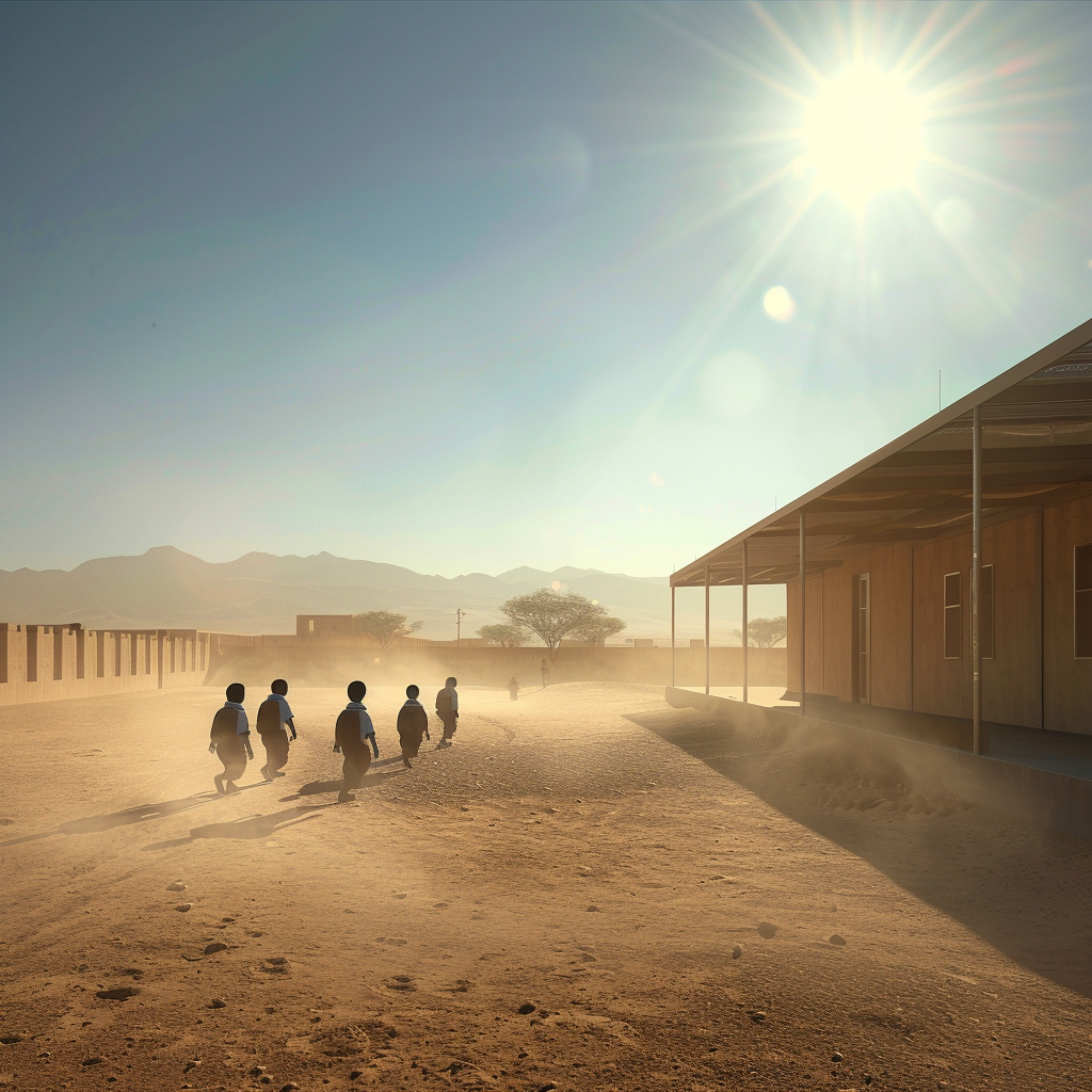 kids in a desert school under the hot sun.