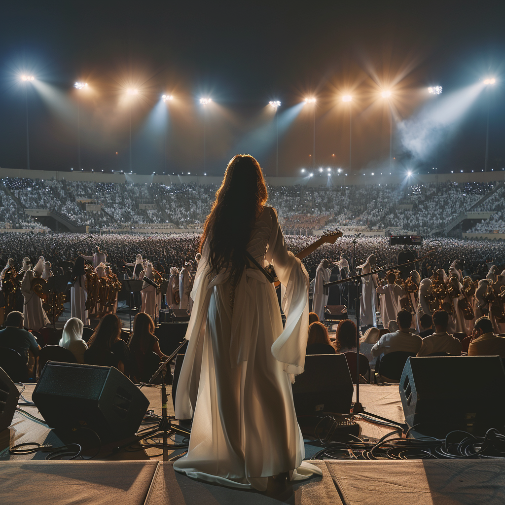 woman leading musicians on a Saudi Stage