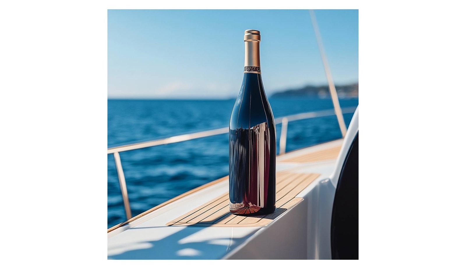 wine bottle on the deck of a yacht with deep blue sea