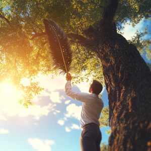 man swinging a feather at a tree to try to cut it down