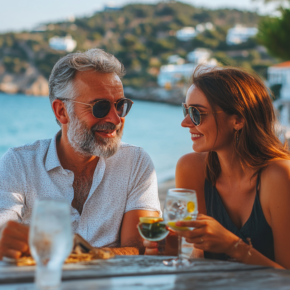 Successful business couple at a taverna with man grey hair and beard and woman attractive.