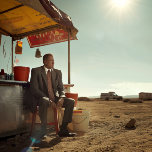 Business man looking lost sitting at a food stand in middle of desert