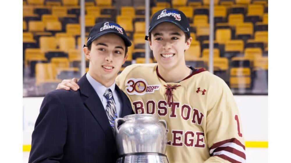 pictue of Gaudreay brothers with one holdig a trophy as seen in the 30 Aug 2024 Athletic online