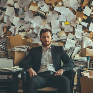 guy in a cluttered office with papers everywhere showing overworked business owner