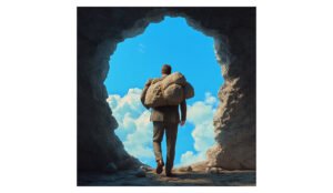 business man view from back carrying heavy rocks from a cave to a rich blue sky through a hole