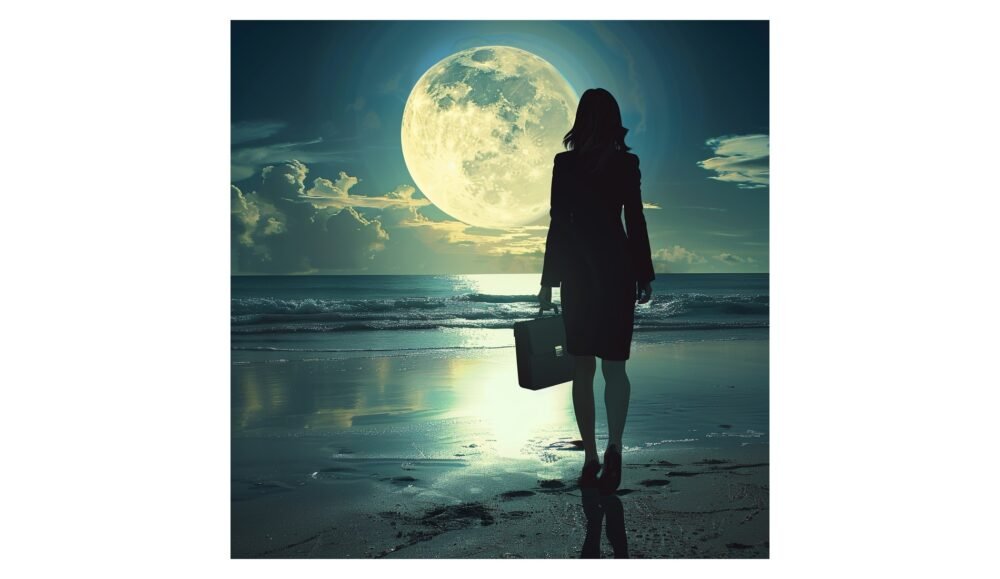 woman on the beach in front of a full moon at midnight