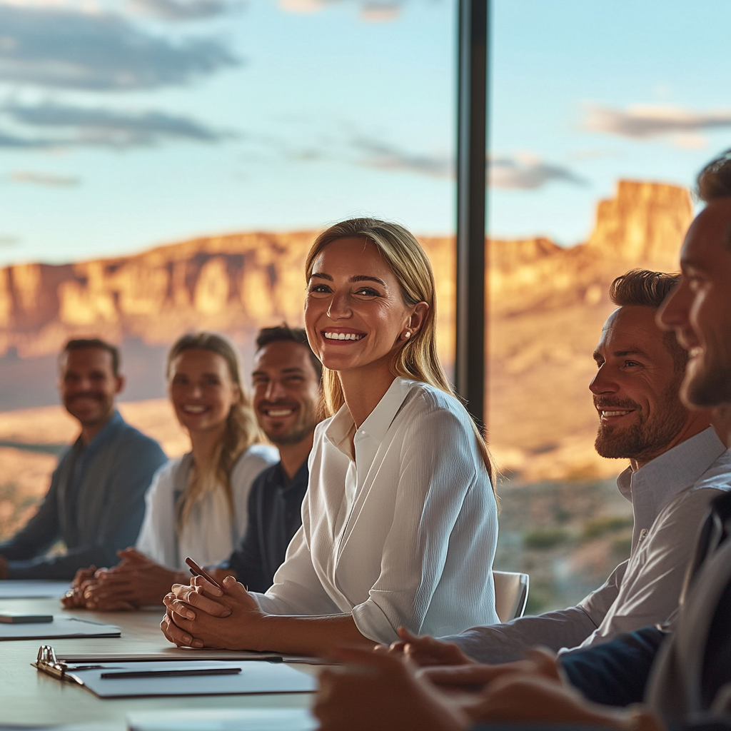 smiling woman with colleagues in a conference room with a beautiful outdoor view