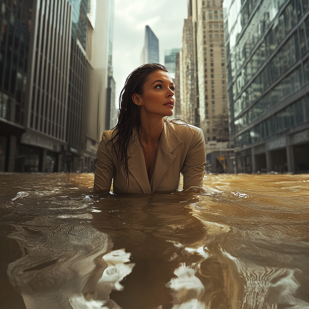 woman in busines attire sitting in a lake of quicksand in an office complex.