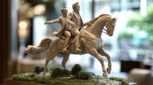 2 men on a horse statue in an office park