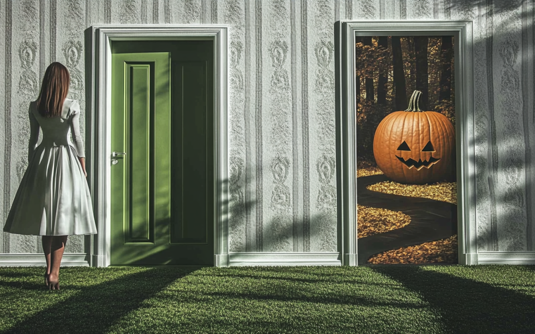 woman in front of 2 doors.. one is open to a scary pumpkin. she\s about to look through the other door.