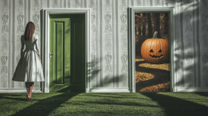 woman in front of 2 doors.. one is open to a scary pumpkin. she\s about to look through the other door.