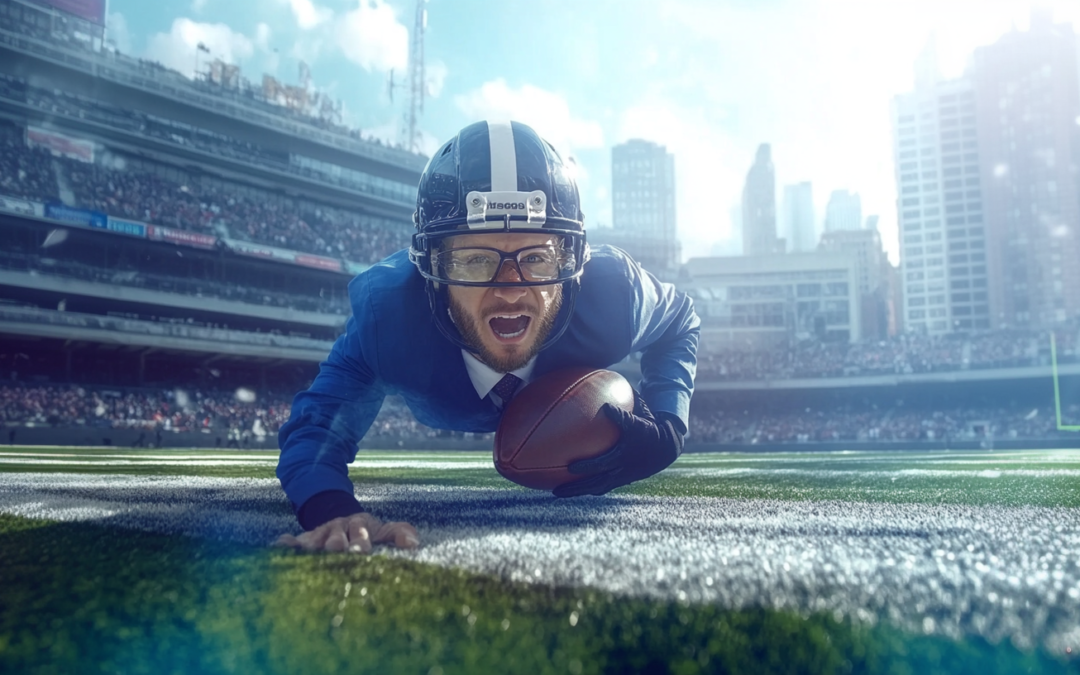 business man wearing an American footlball helmet diving and catching a ball in the endzone of a football stadium.